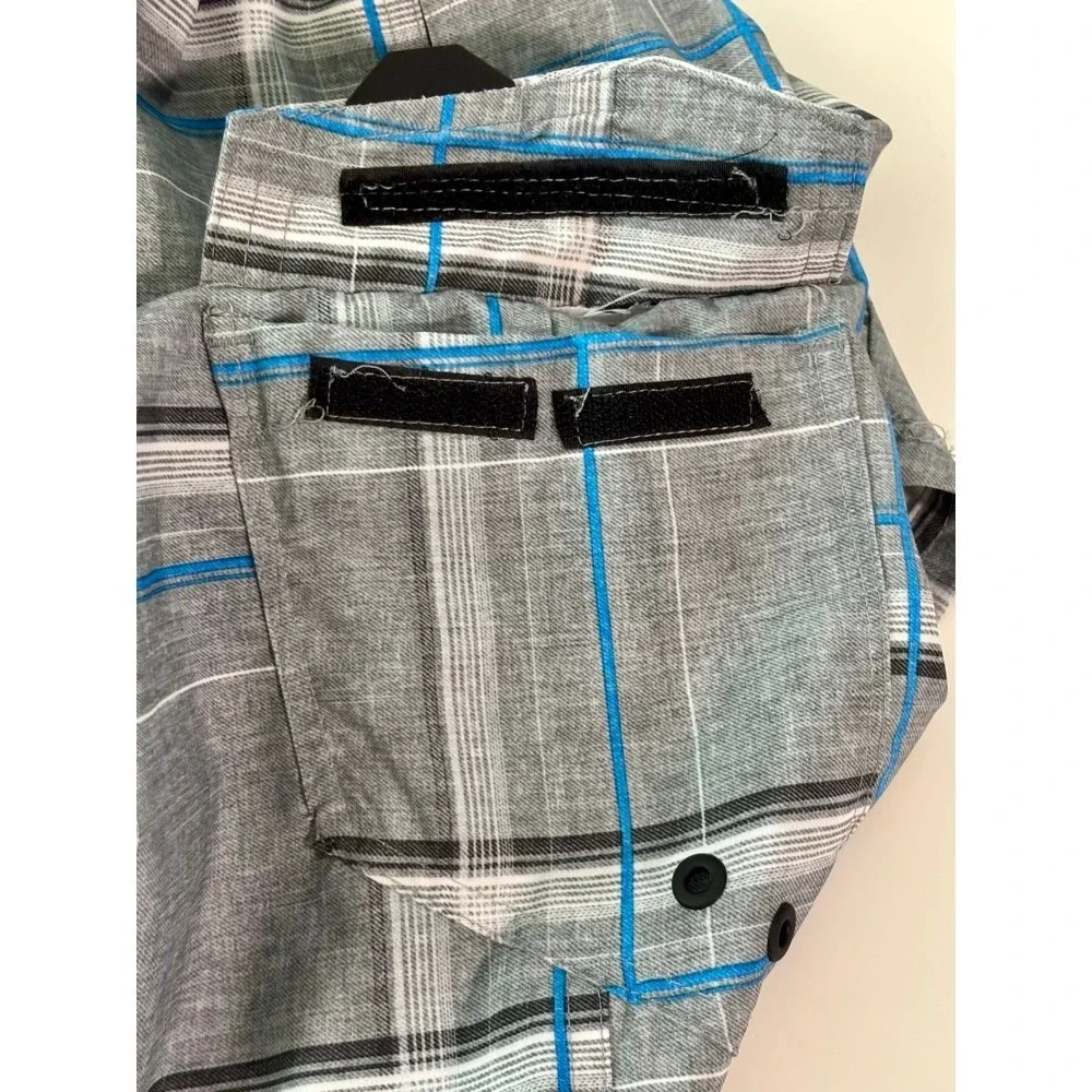 Ocean Current Mens Grey Blue Plaid Cargo Board Shorts Hybrid Swim Trunks Size 40